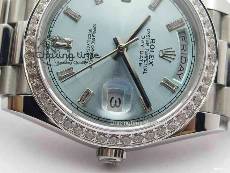 MiroTime 1218 Stylish Day Date 40mm SS BP Maker Best Edition Diamond Bezel Ice Blue Dial On SS Bracelet ETA 3699